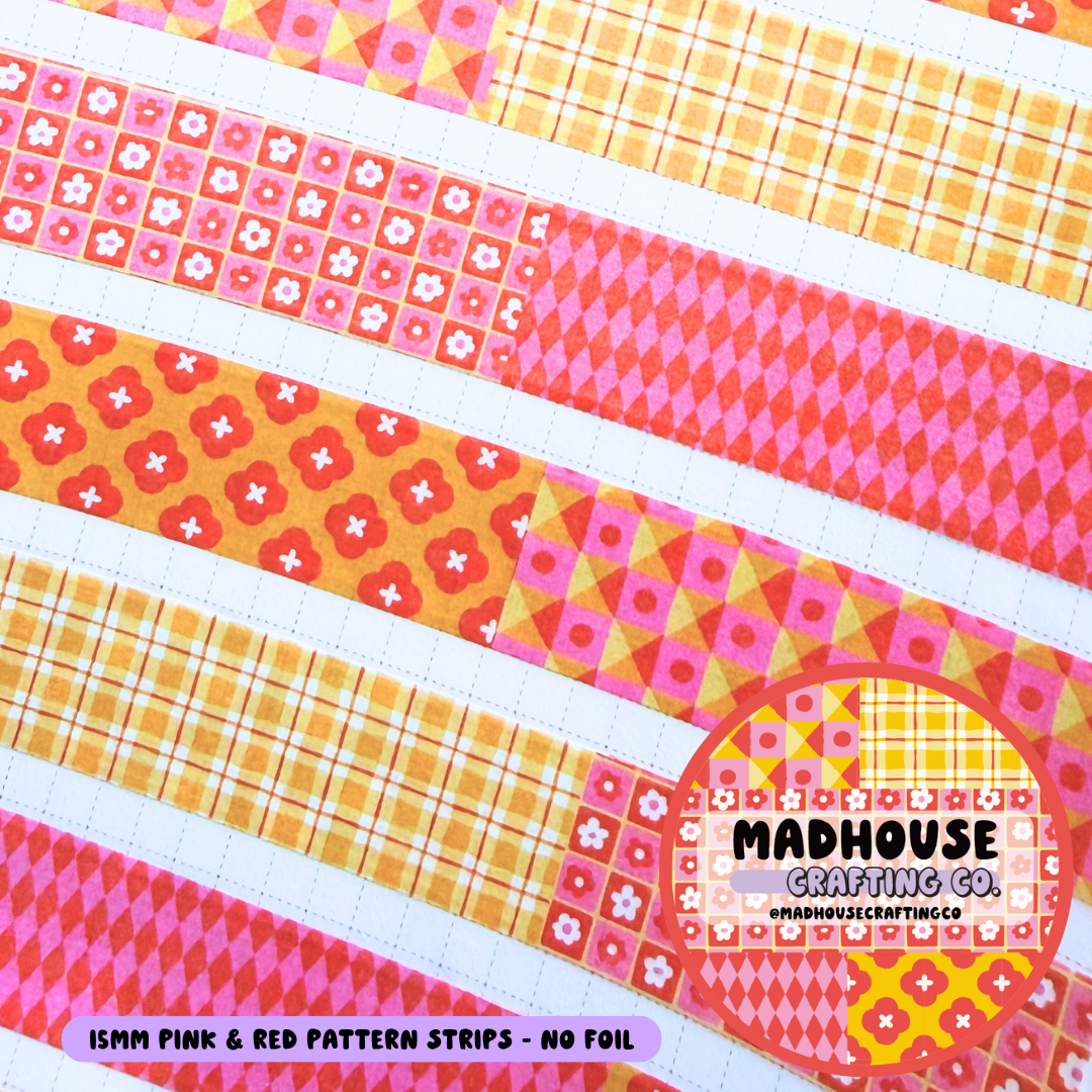 Pink, Red and Yellow Pattern Strips - Washi Roll - 15mm - No Foil