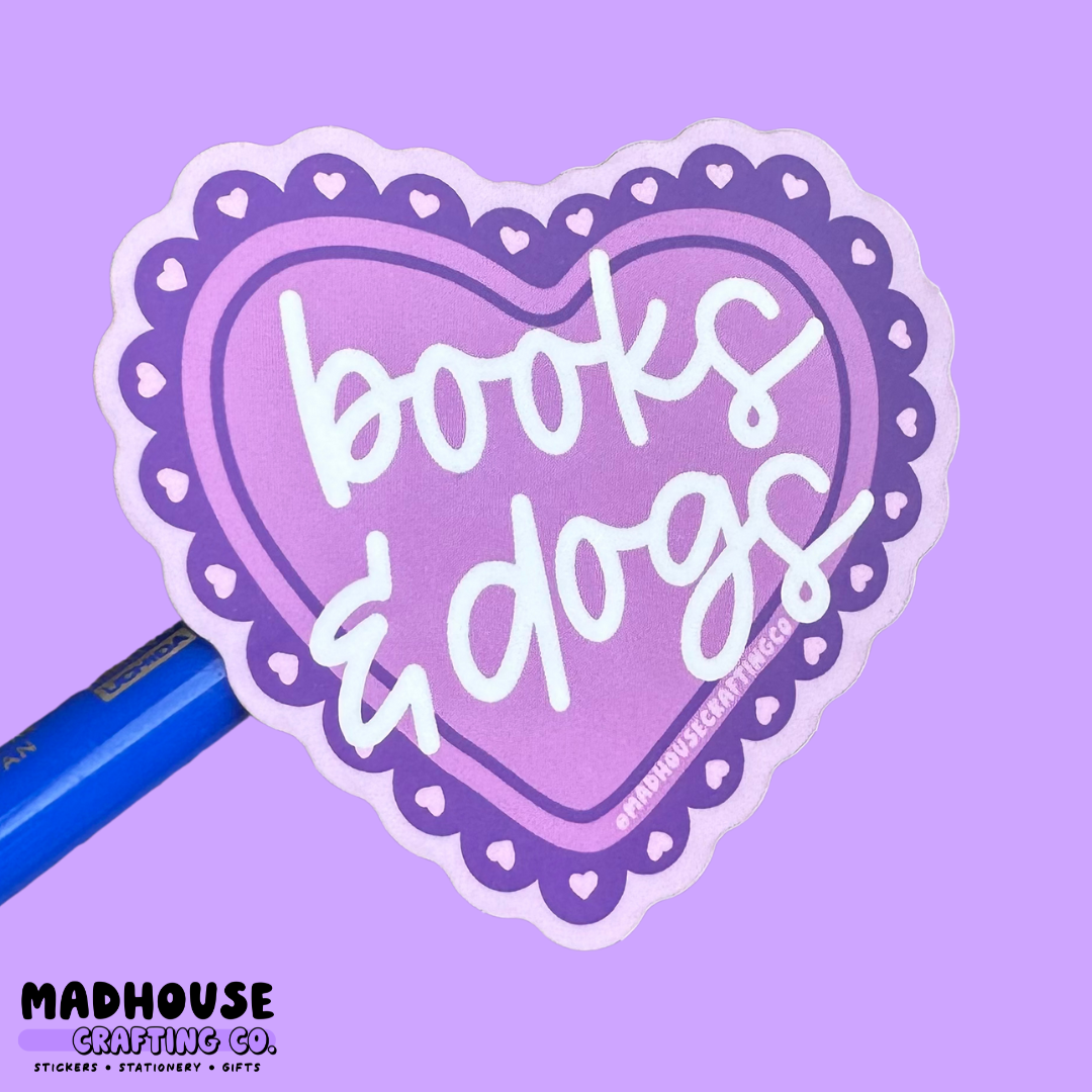 Books & Dogs - Matte Waterproof Vinyl Heart Sticker