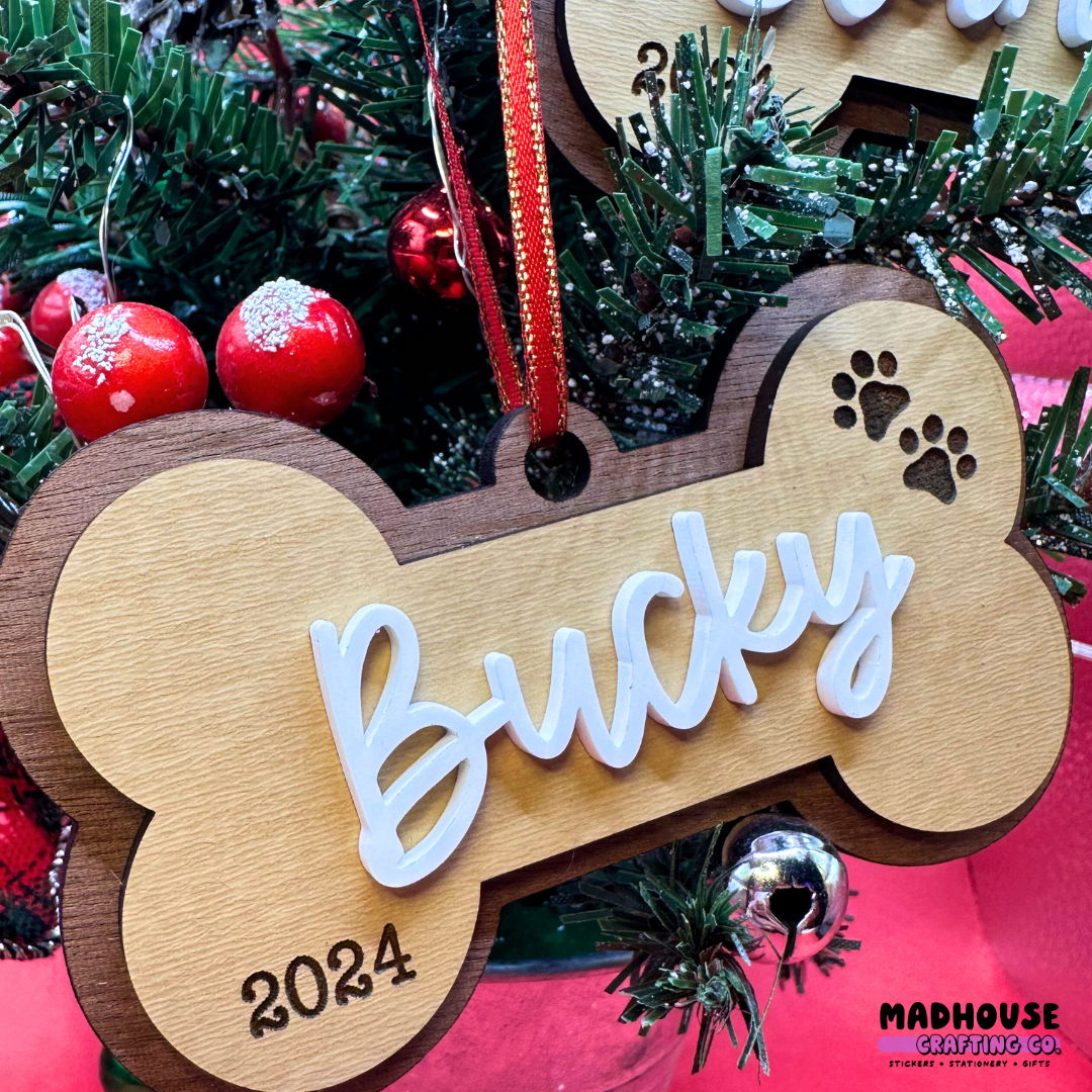 Custom Name Dog Bone Ornament - 3in Wide, 3 Layer Ornament