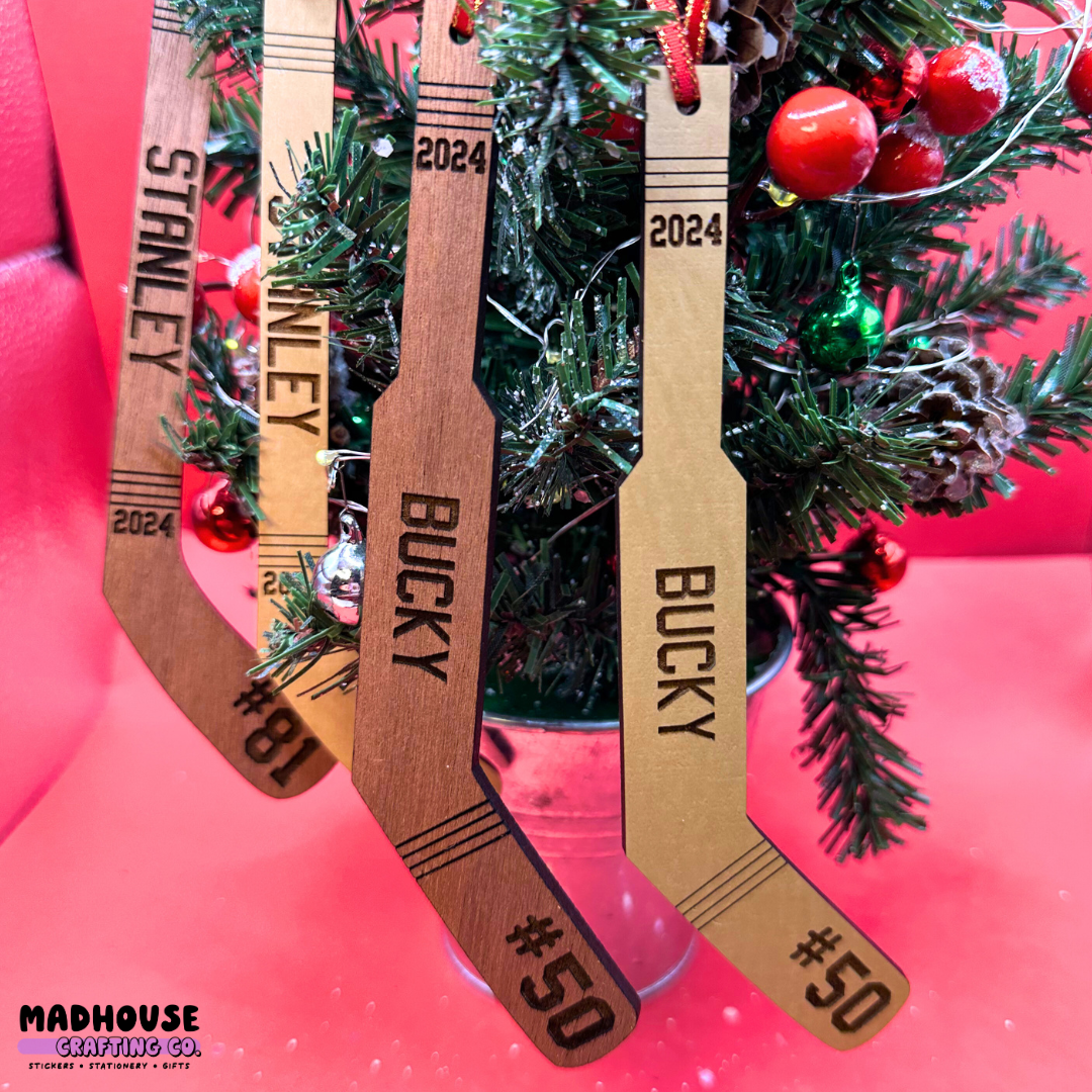 Hockey Stick Ornament - Goalie & Skater Options - Custom Name, Number, and Year
