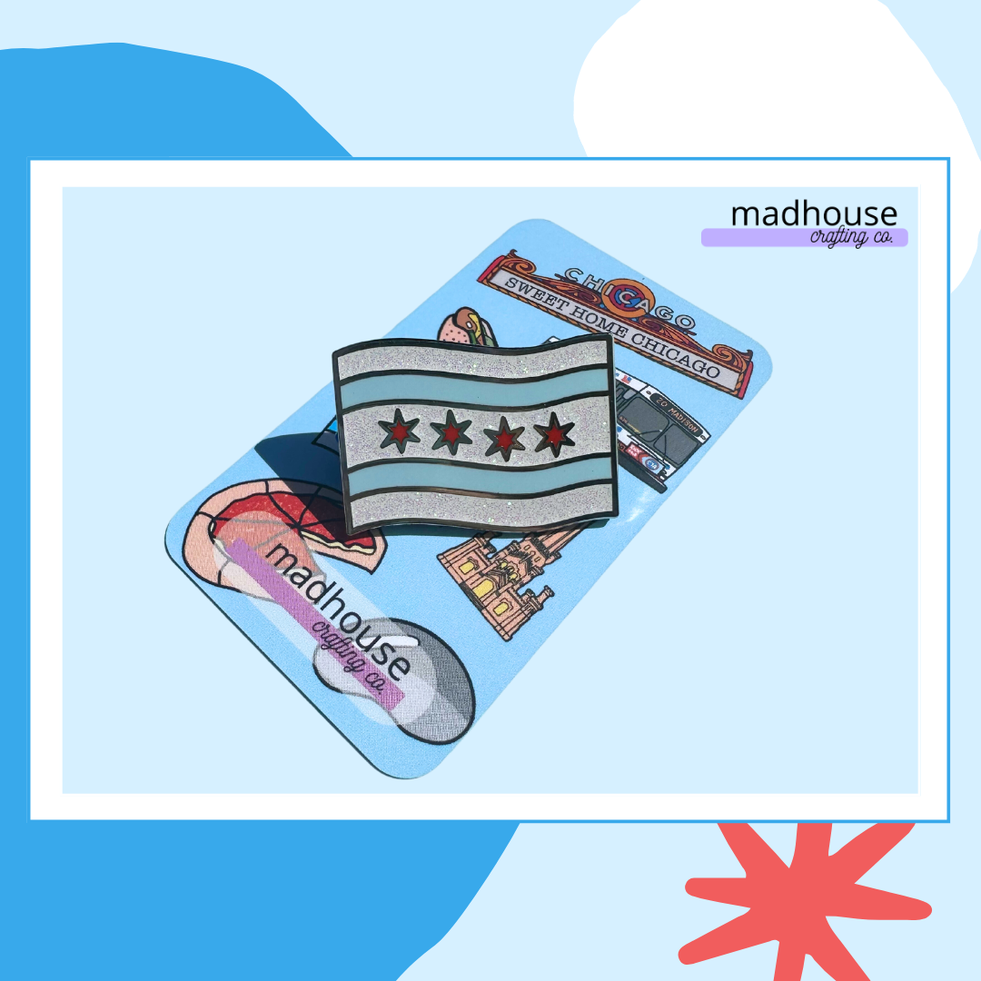 B-GRADE/OOPS Chicago Flag Pin | READ DESCRIPTION | 1.5 inch wide with glitter, the Chicago Collection by Madhouse Crafting