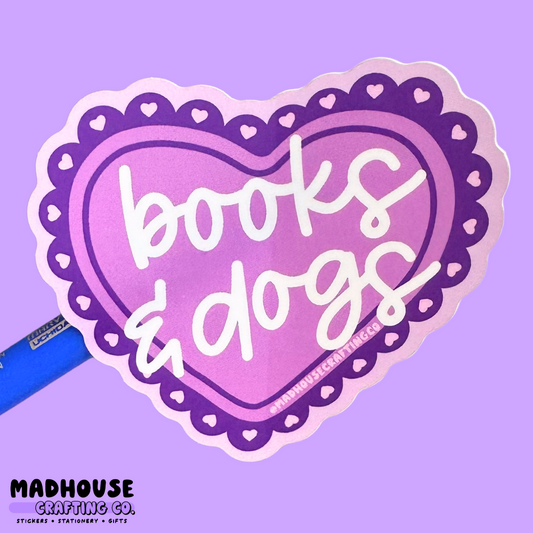 Books & Dogs -  Matte Waterproof Vinyl Heart Sticker