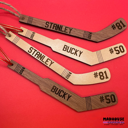 Hockey Stick Ornament - Goalie & Skater Options - Custom Name, Number, and Year