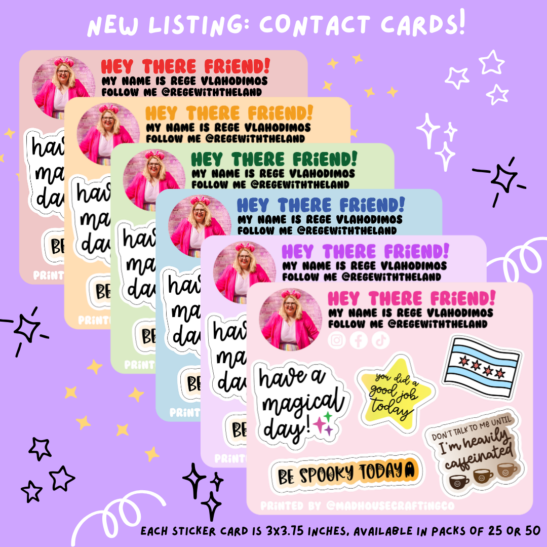 Custom Contact Cards | 3.75 x 3.0 inch sticker sheets | Pack of 25 or 50. **READ DESCRIPTION**