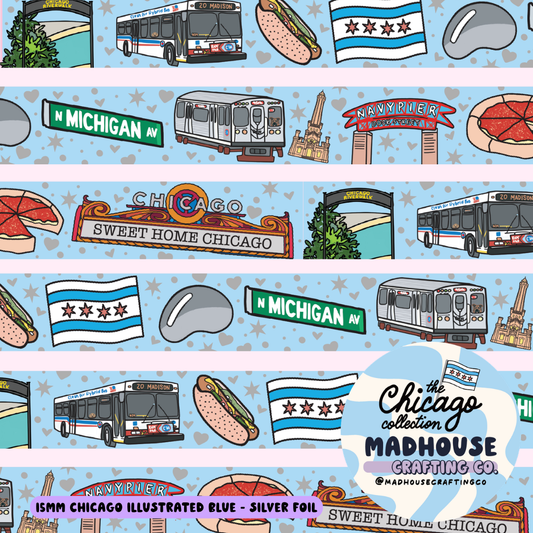Blue Sweet Home Chicago Illustrated Washi Tape - 15mm - Silver Foil