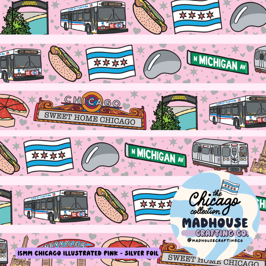 Pink Sweet Home Chicago Illustrated Washi Tape -  15mm - Silver Foil