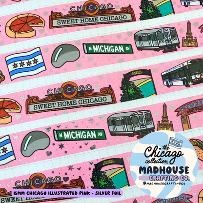 Pink Sweet Home Chicago Illustrated Washi Tape -  15mm - Silver Foil