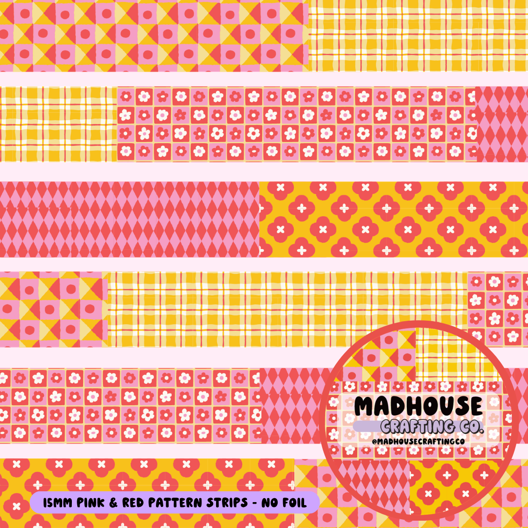 Pink, Red and Yellow Pattern Strips - Washi Roll - 15mm - No Foil