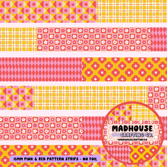 Pink, Red and Yellow Pattern Strips - Washi Roll - 15mm - No Foil