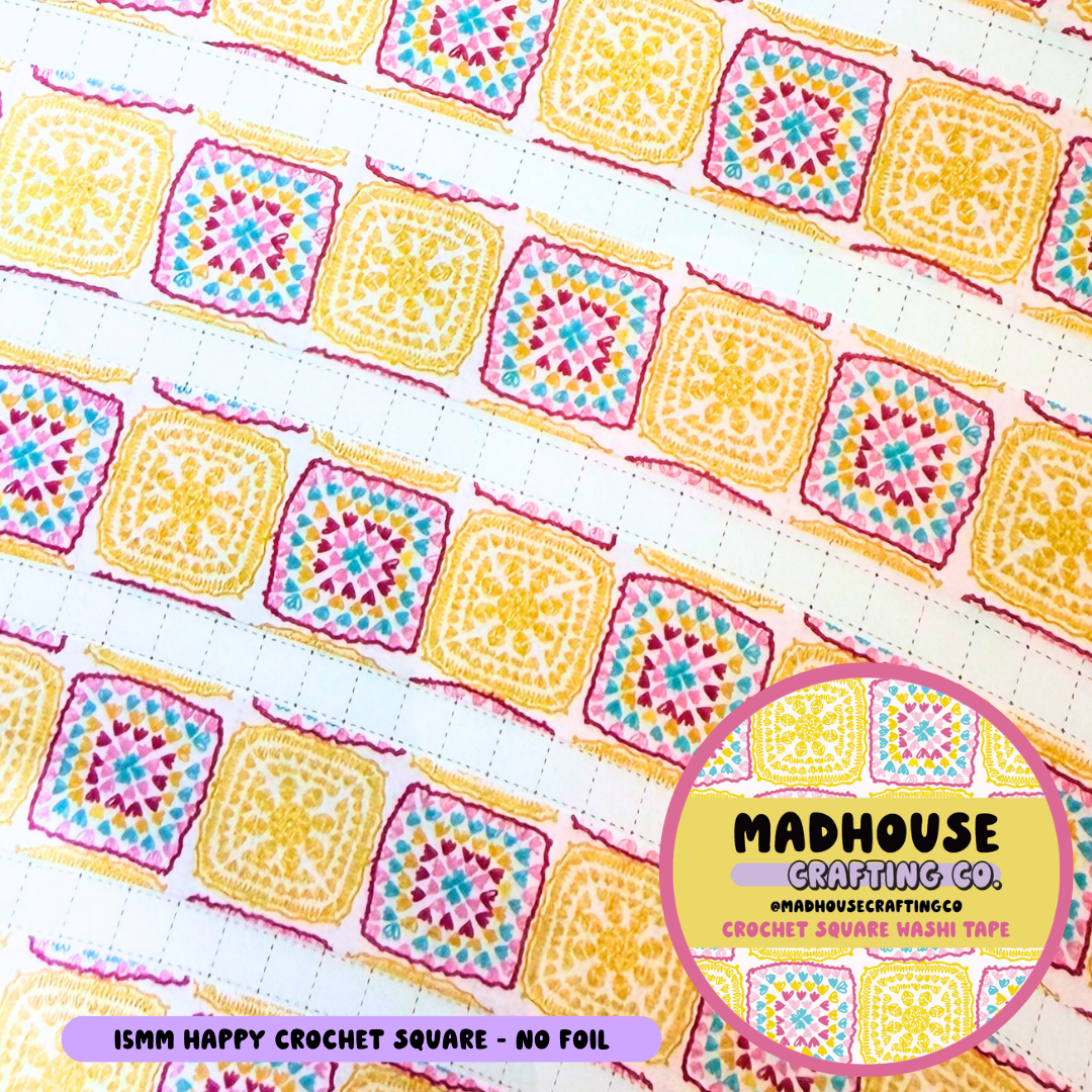 Happy Crochet Squares  - Washi Roll - 15mm - No Foil (Copy)