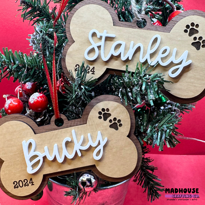 Custom Name Dog Bone Ornament - 3in Wide, 3 Layer Ornament