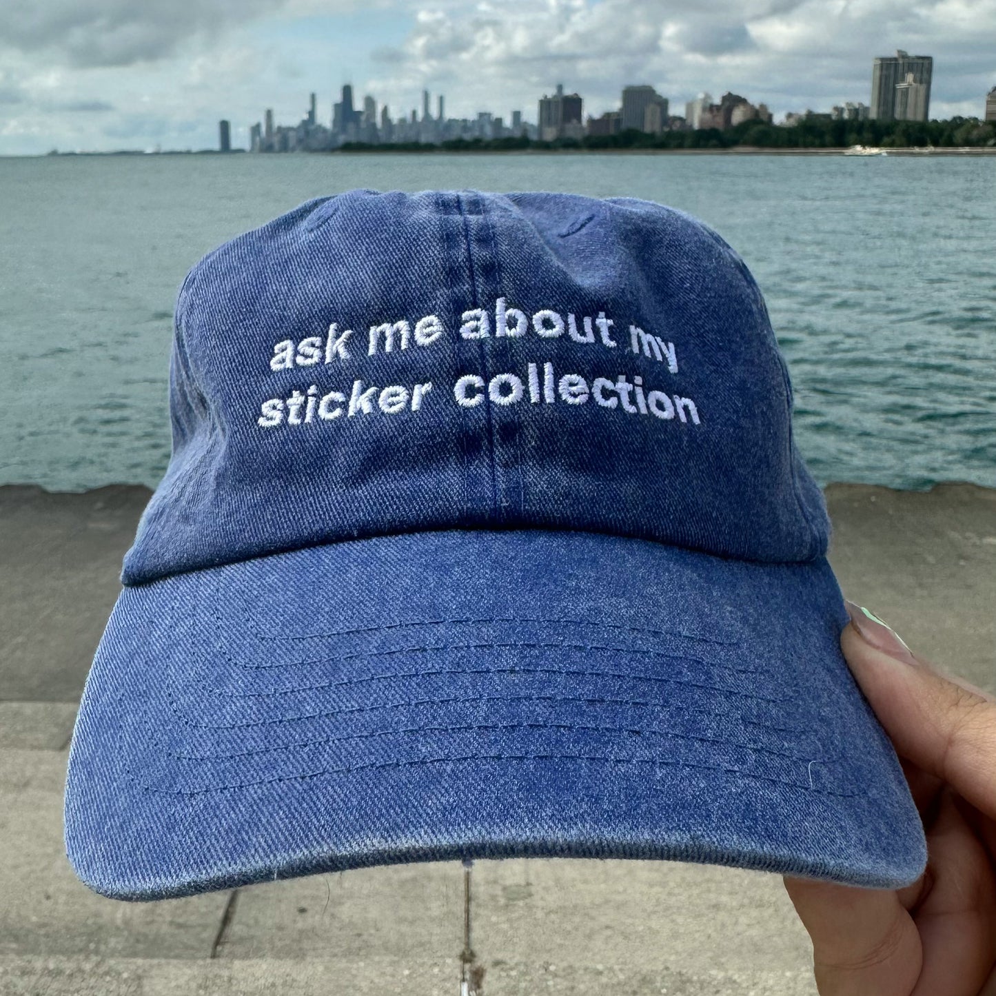 Ask Me About My Sticker Collection - Embroidered Minimalist Washed Blue Dad Hat