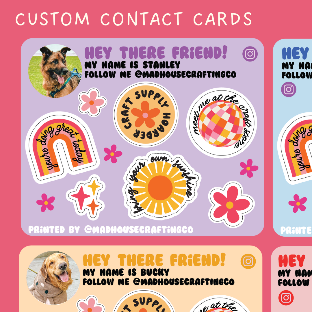 Custom Contact Cards | 3.75 x 3.0 inch sticker sheets | Pack of 25 or 50. **READ DESCRIPTION**