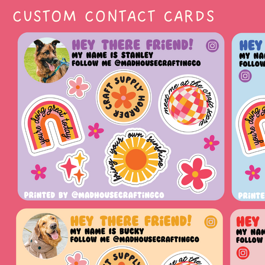 Custom Contact Cards | 3.75 x 3.0 inch sticker sheets | Pack of 25 or 50. **READ DESCRIPTION**