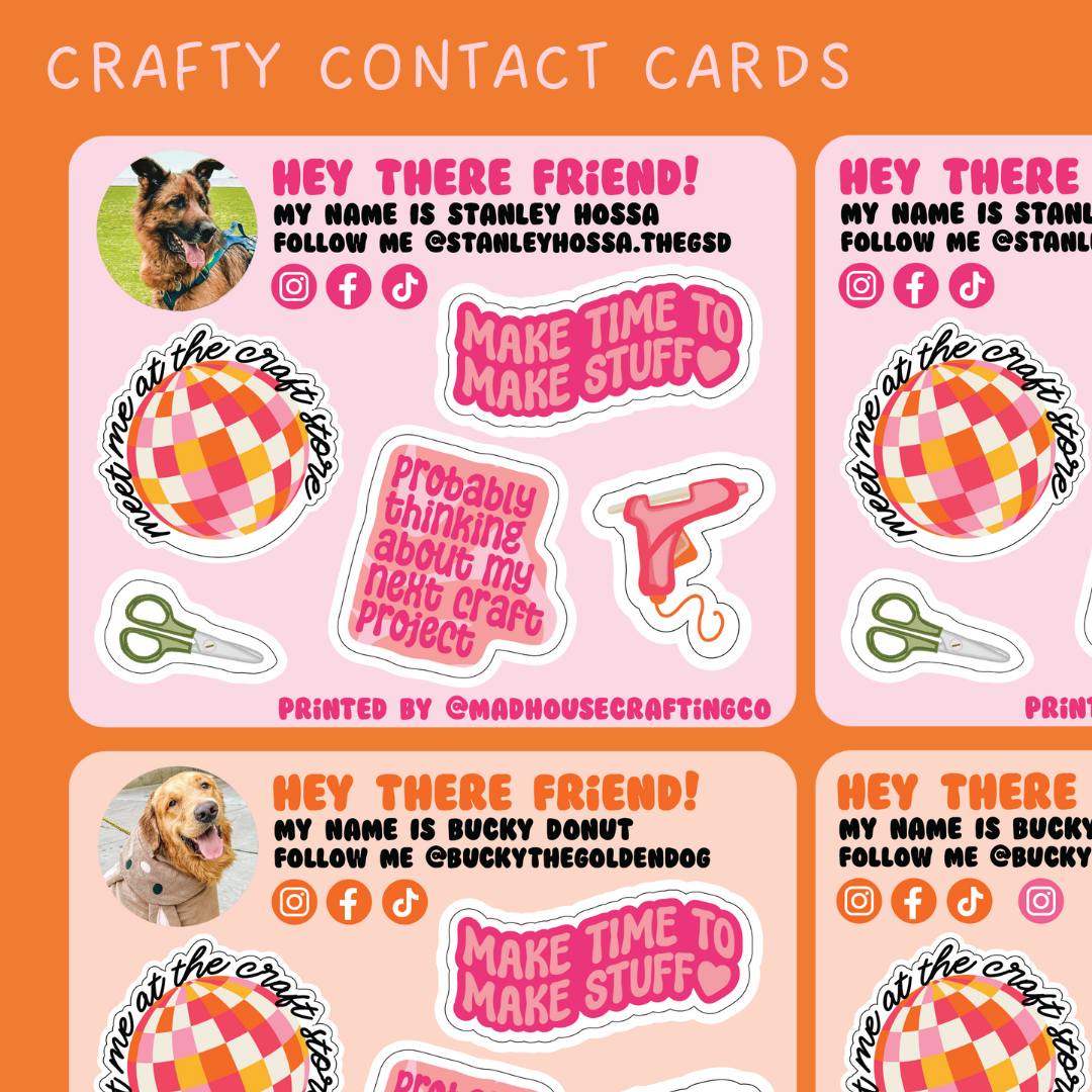 Crafty Contact Cards | 3.75 x 3.0 inch sticker sheets | Pack of 25 or 50. **READ DESCRIPTION**