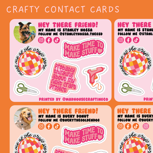 Crafty Contact Cards | 3.75 x 3.0 inch sticker sheets | Pack of 25 or 50. **READ DESCRIPTION**