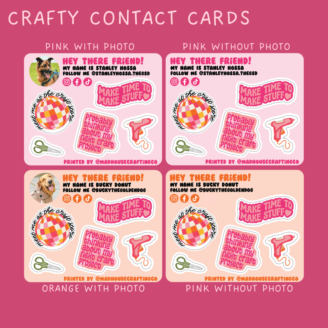 Crafty Contact Cards | 3.75 x 3.0 inch sticker sheets | Pack of 25 or 50. **READ DESCRIPTION**